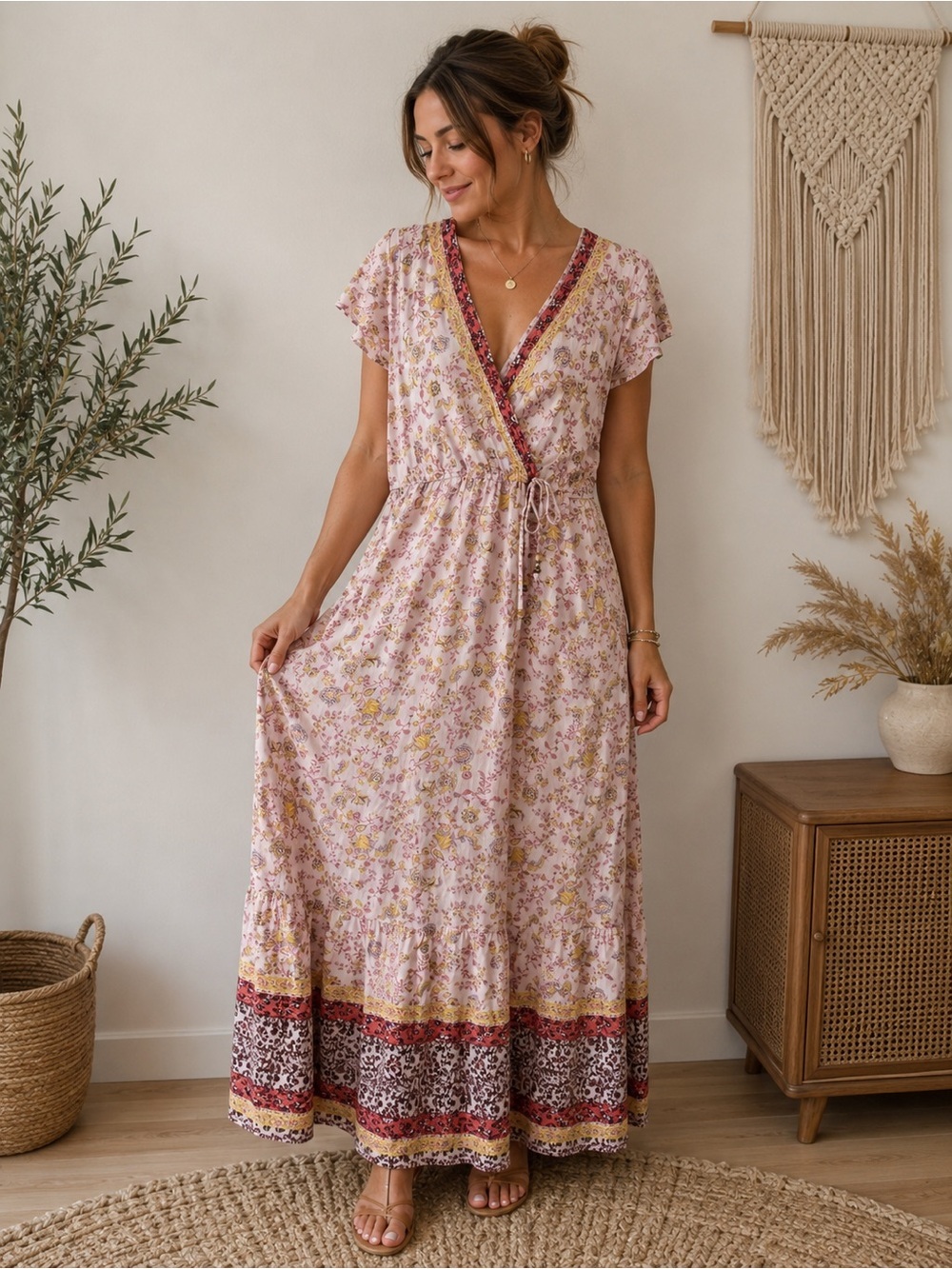 Pink Boho Maxi Dress Small Rayon Garden Floral Cottagecore Coquette Romantic